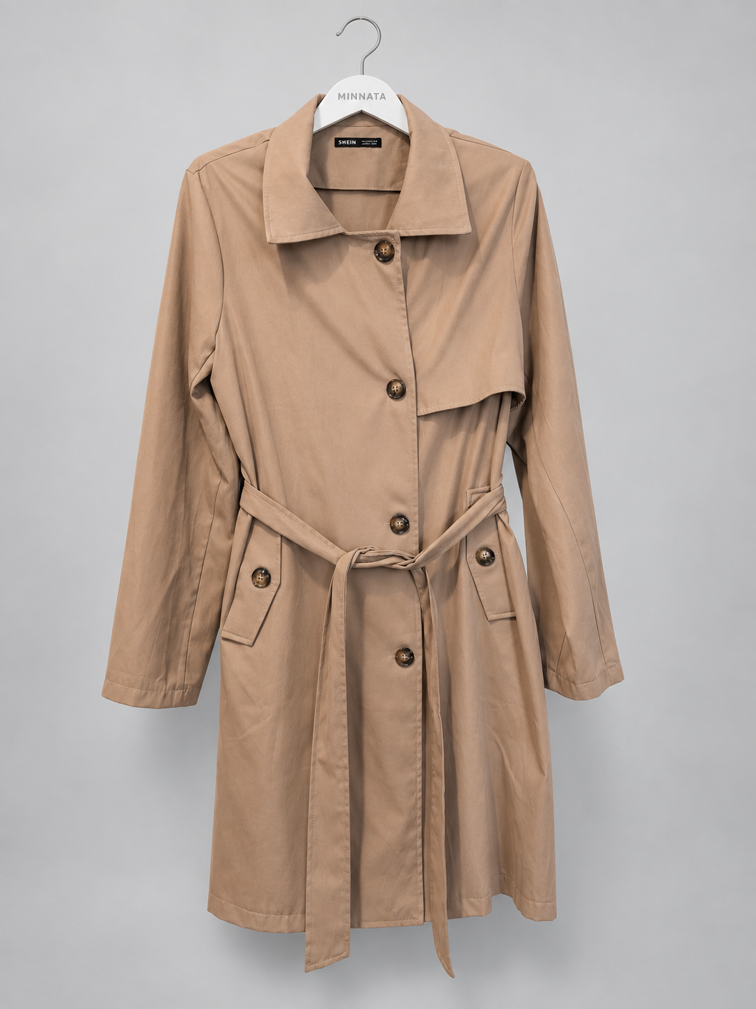 Trench coat SHEIN | Beige arena con cinturón | talla XS (calza S/M)
