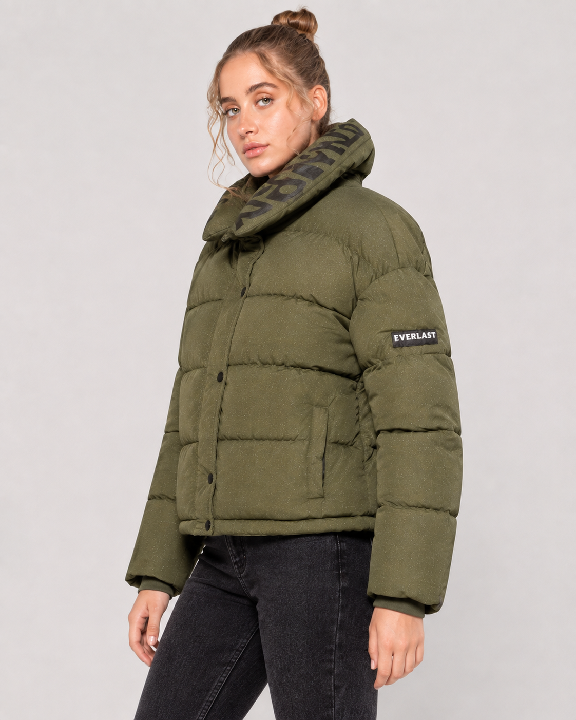 Parka puffer Everlast | Verde militar con capucha desmontable (100% poliéster)| Talla L