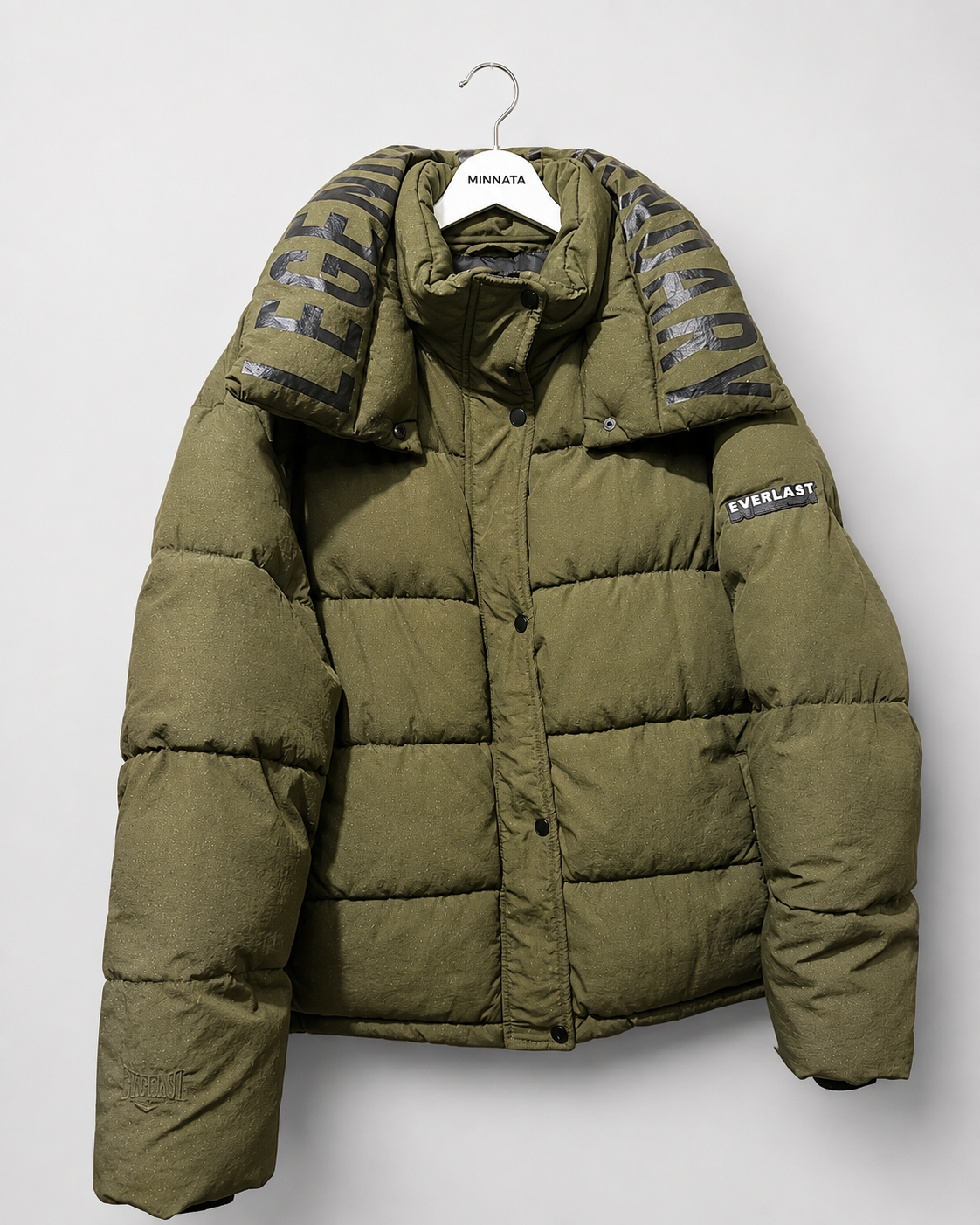 Parka puffer Everlast | Verde militar con capucha desmontable (100% poliéster)| Talla L