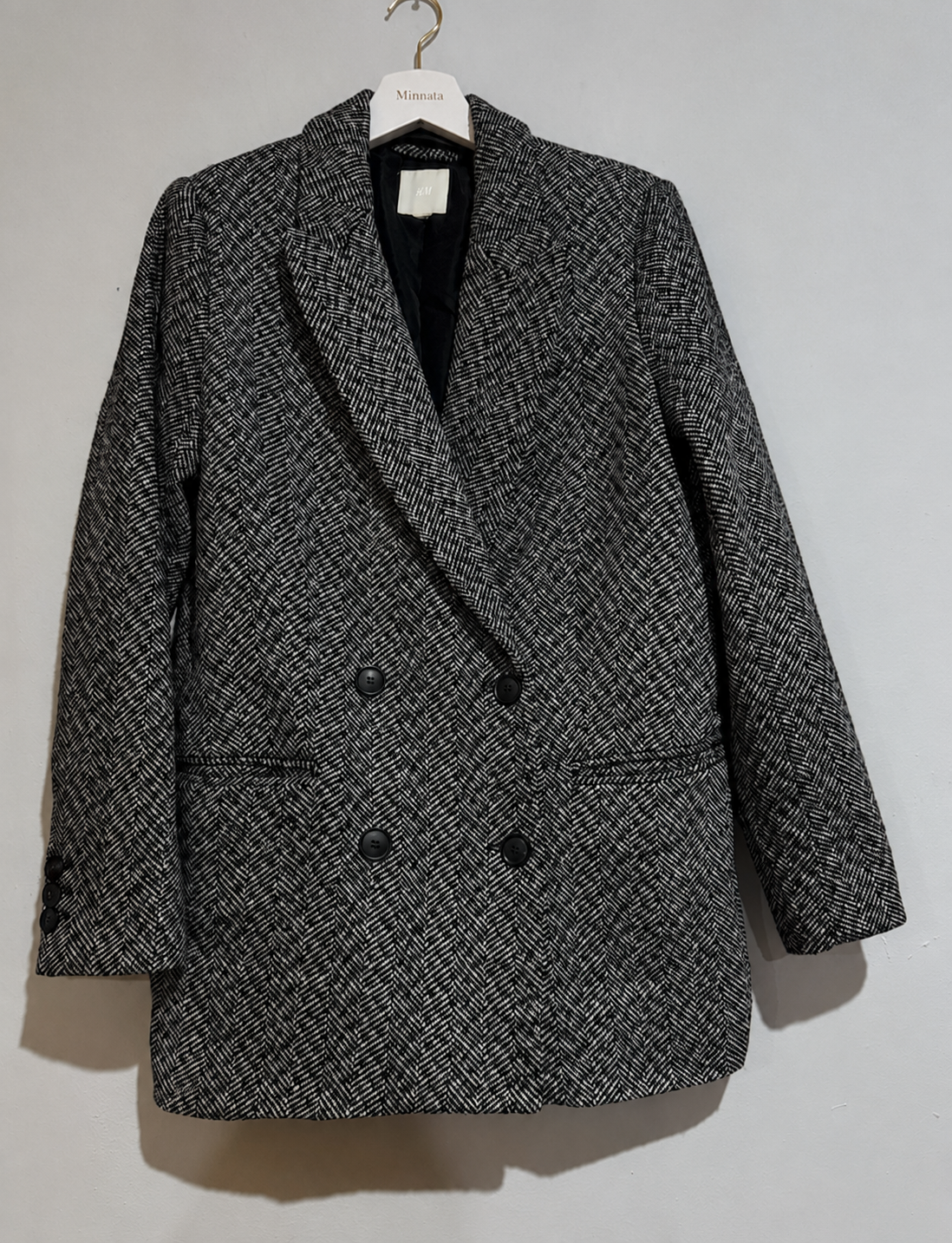 Blazer H&M cruzado de tweed espiga, invierno, gris/negro| Talla 38