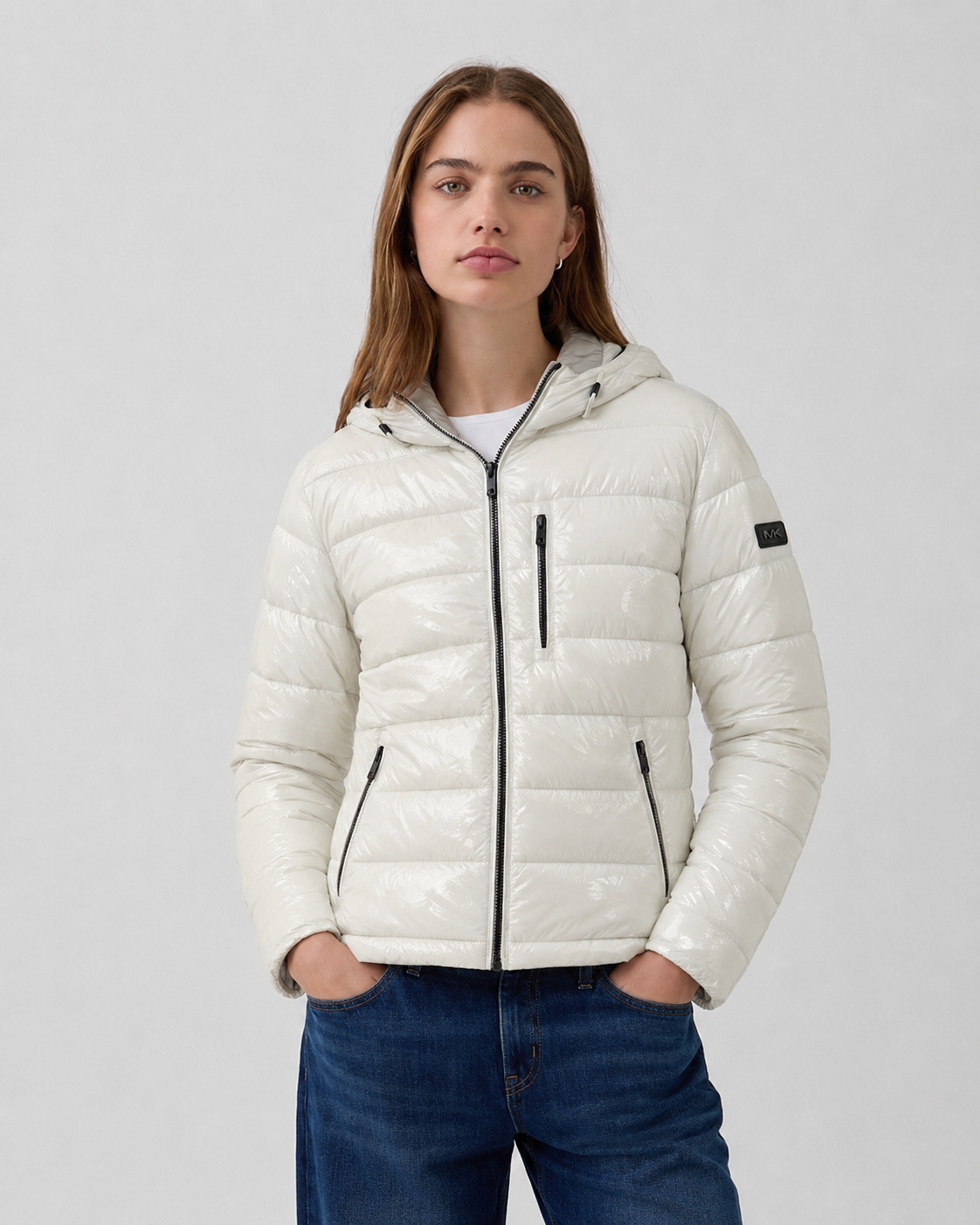 Parka puffer MICHAEL KORS | Blanco perlado brillante con capucha sustentable