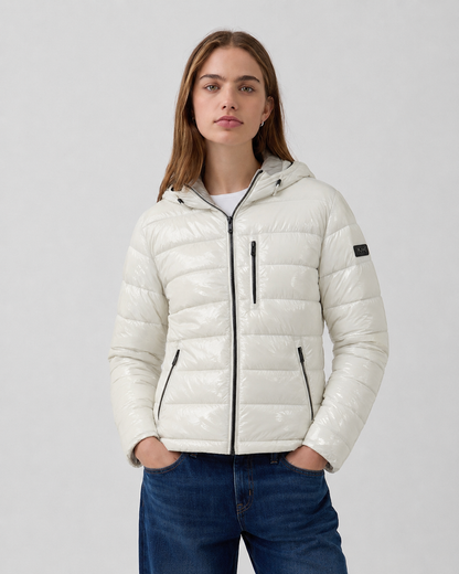 Parka puffer MICHAEL KORS | Blanco perlado brillante con capucha sustentable