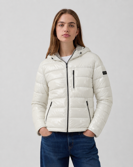Parka puffer MICHAEL KORS | Blanco perlado brillante con capucha sustentable