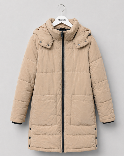 Parka larga puffer Zara — Camel/beige con capucha