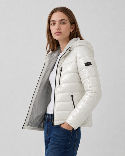 Parka puffer MICHAEL KORS | Blanco perlado brillante con capucha sustentable